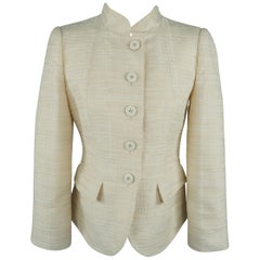 ARMANI COLLEZIONI Size 6 Cream Textured Cotton Blend Mandarin Collar Jacket