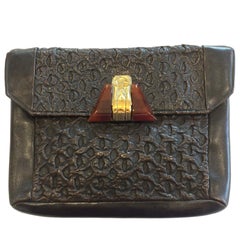 Vintage Original Art Deco Leather Clutch Handbag Bag in brown with bakelite clasp