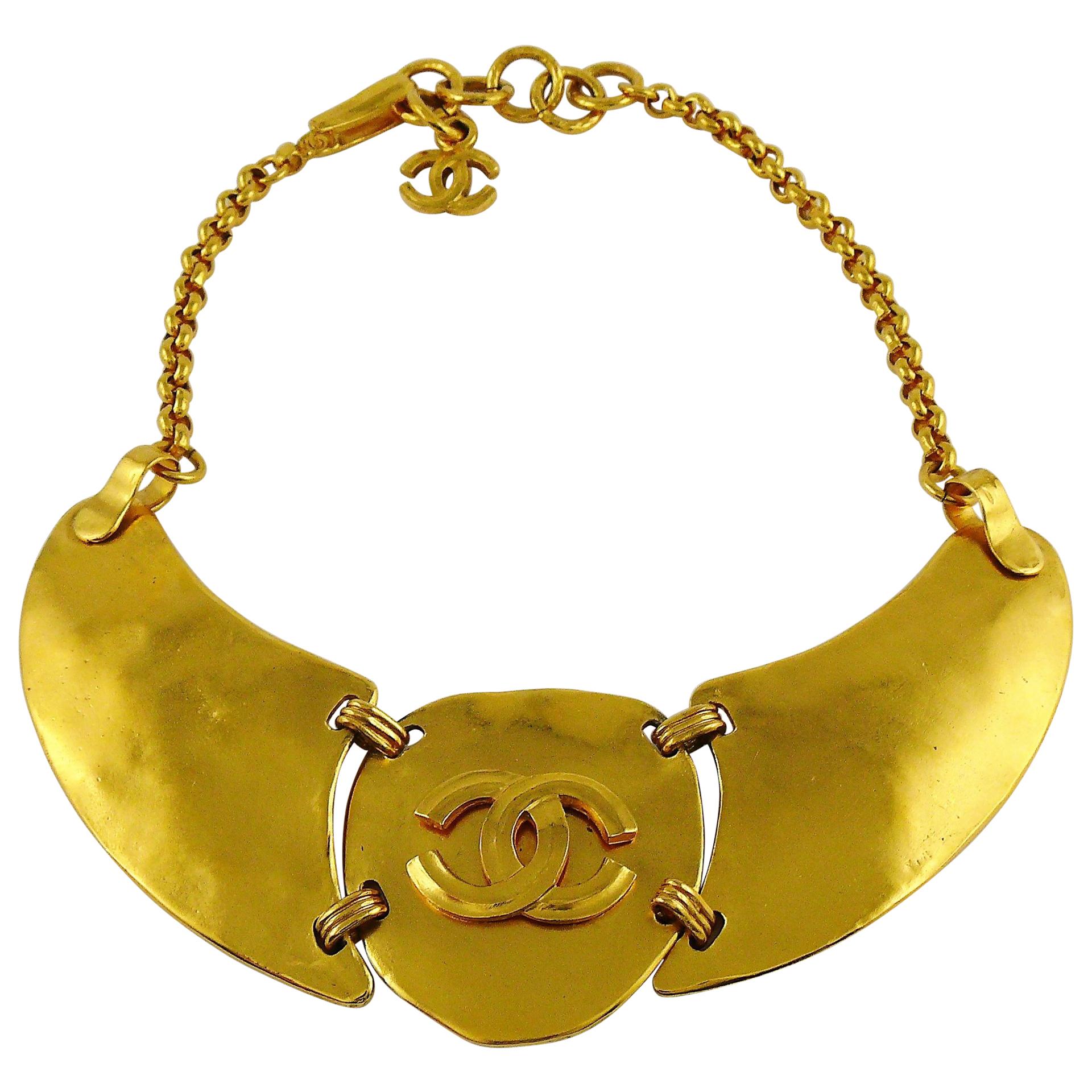 Chanel Vintage Gold Toned CC Logo Plastron Necklace For Sale