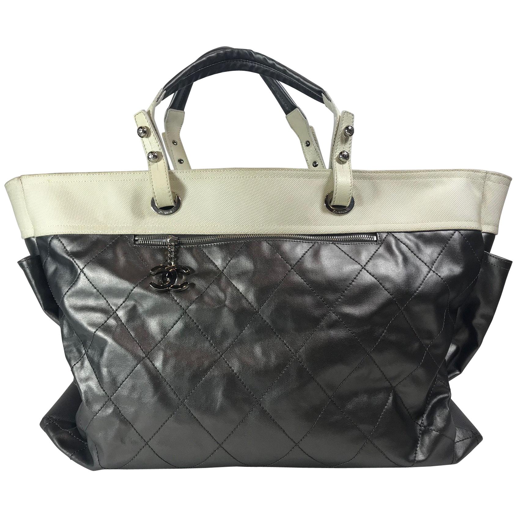 Chanel Metallic Grey Coated Canvas Large Quilted Paris Biarritz Tote For  Sale at 1stDibs