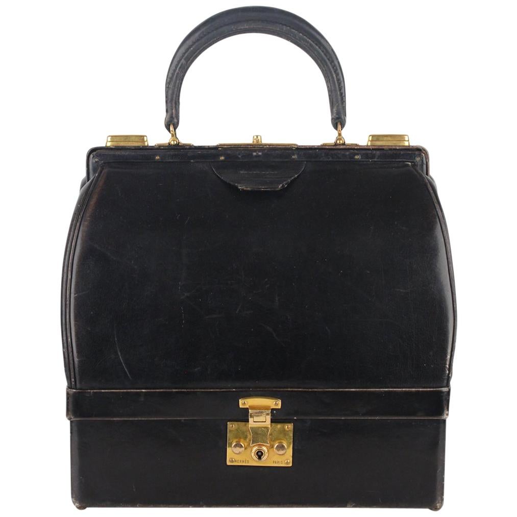 Hermes Vintage Black Leather Sac Mallette Top Handle Bag