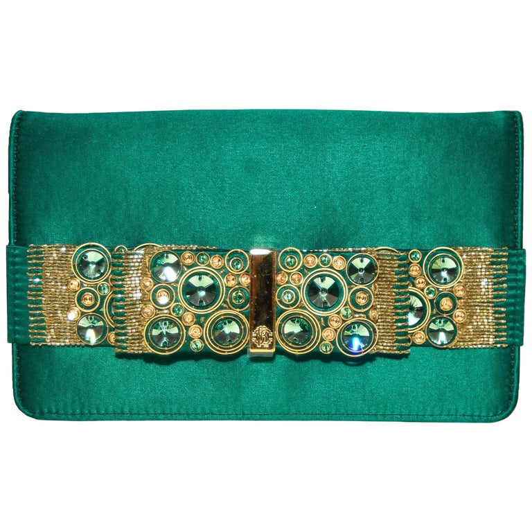 Roberto Cavalli grün Satin Gold-Ton & grünen Perlen Bogen Clutch 1