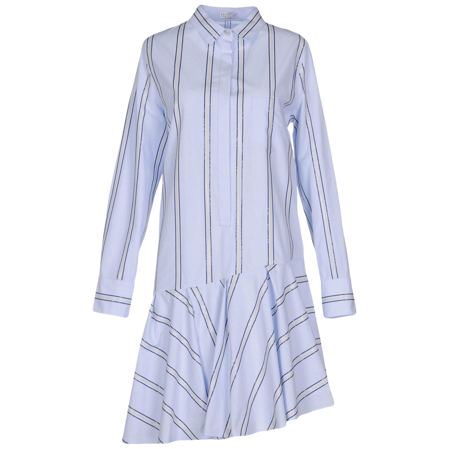 Brunello Cucinelli Light Blue Cotton Striped Shirt Dress - 8 For Sale