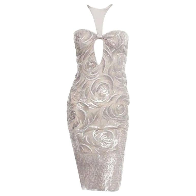  TOM FORD for GUCCI 2004 Collection Embellished Dove Grey Cocktail Dress 38 For Sale