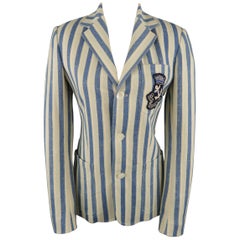 RALPH LAUREN Size 6 Light Blue Striped Cotton Crest Patch Jacket