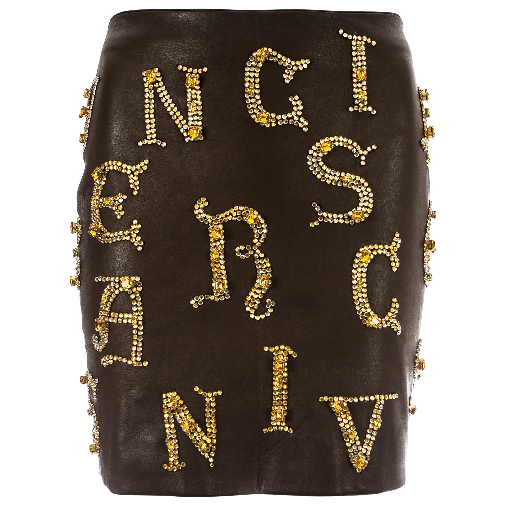 Gianni Versace brown leather skirt with gold crystal embellishment, fw 1997 For Sale