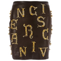 Vintage Gianni Versace brown leather skirt with gold crystal embellishment, fw 1997