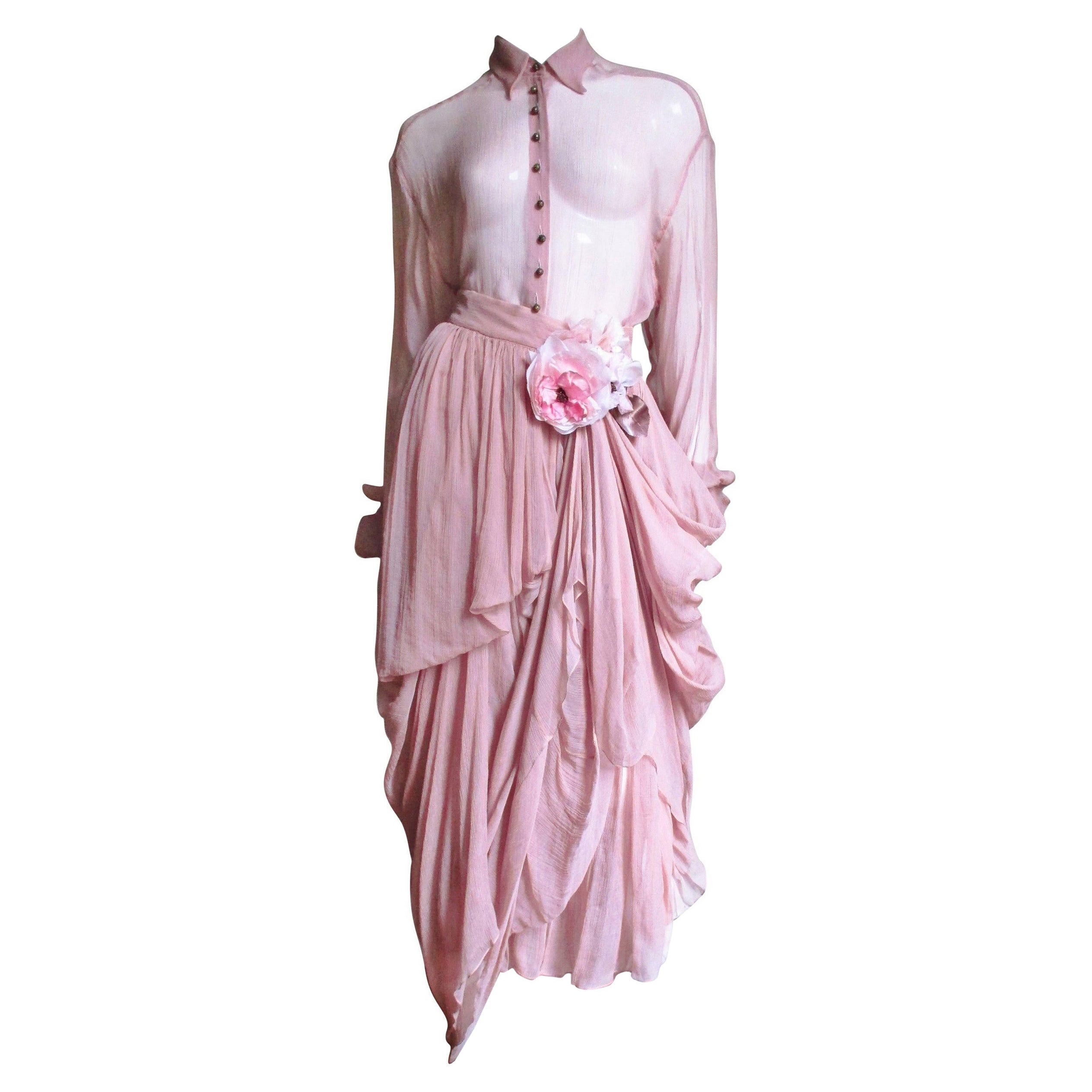 Dolce & Gabbana Flower Silk Drape Skirt with Flower and Sheer Shirt For Sale