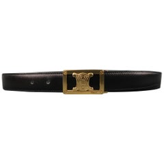 Vintage CELINE Size 30 Black & Brown Reversible Leather Gold Buckle Belt