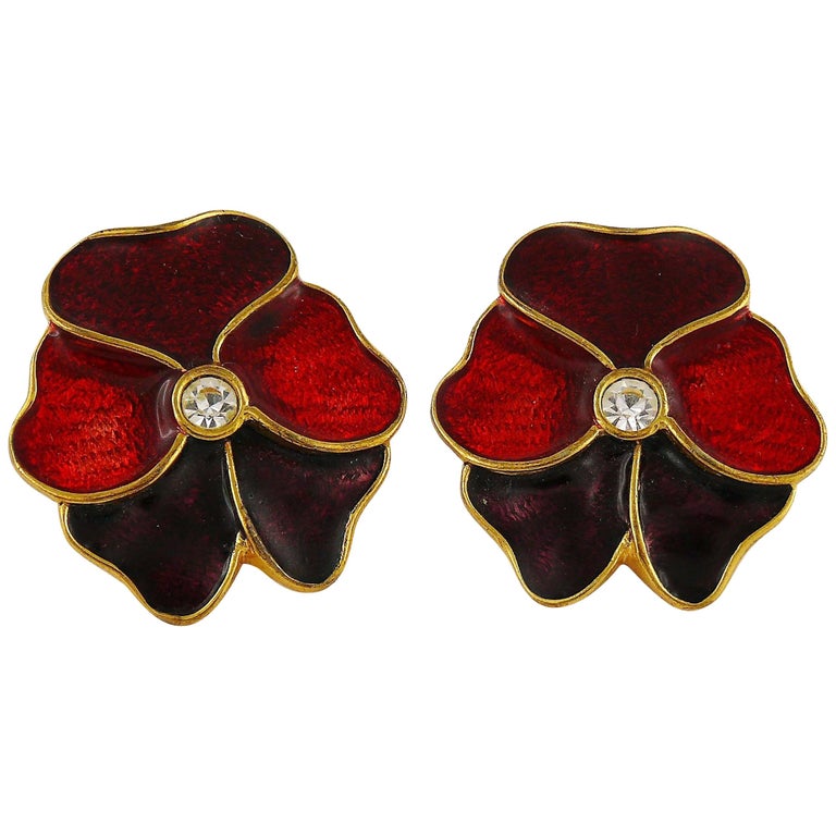 Yves Saint Laurent YSL Enamel Pansy Clip On Earrings at 1stDibs