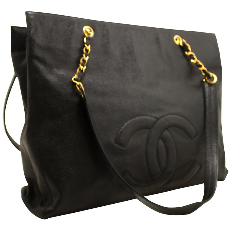 CHANEL Caviar Jumbo Chain Shoulder Bag Leather Black Large Big For Sale