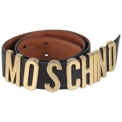 Moschino Redwall Vintage Black Leather Lettered Logo Belt Size 44
