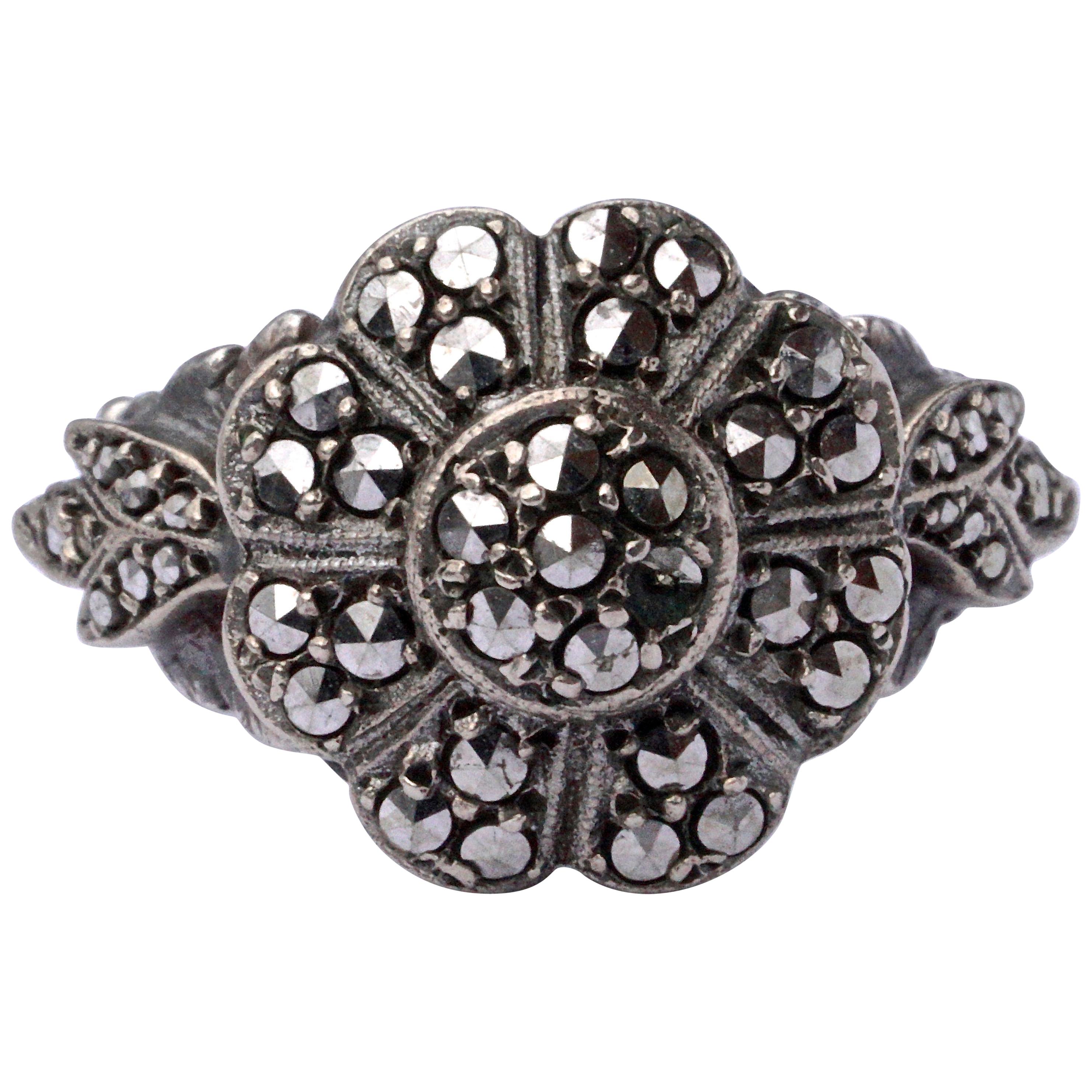 Silver and Marcasite Flower Design Ring