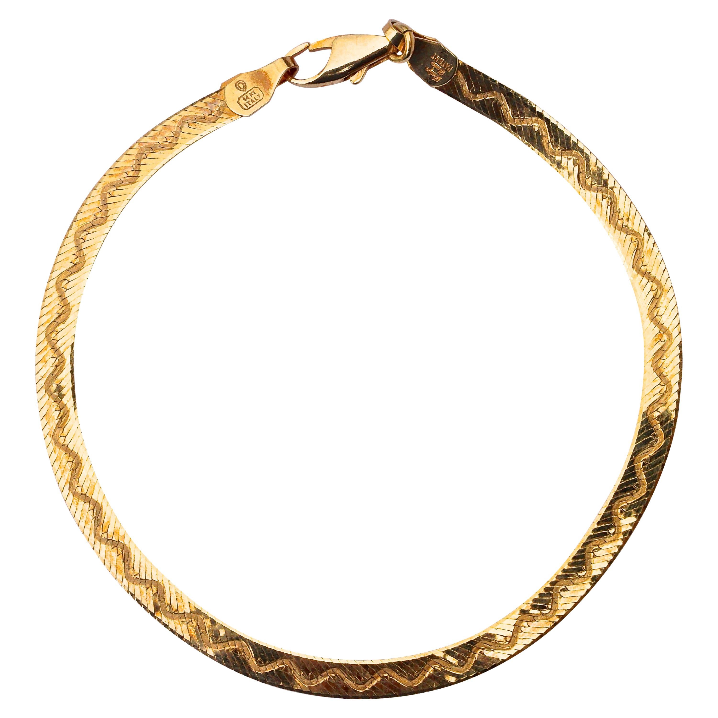  14K Gold Italy Herringbone Wave Design Chain Bracelet