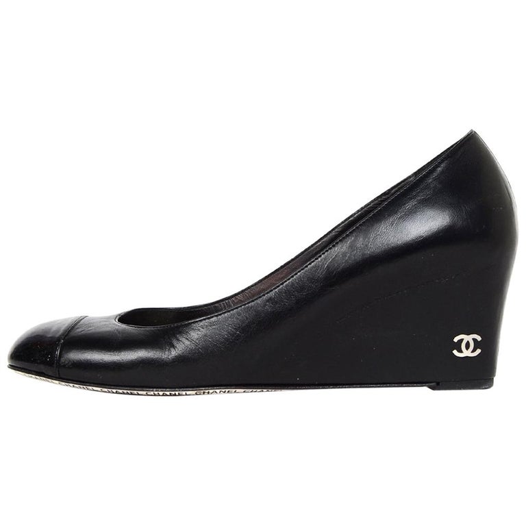 Chanel Black Leather/Patent Covered Wedge Shoes W/ Silvertone CC
