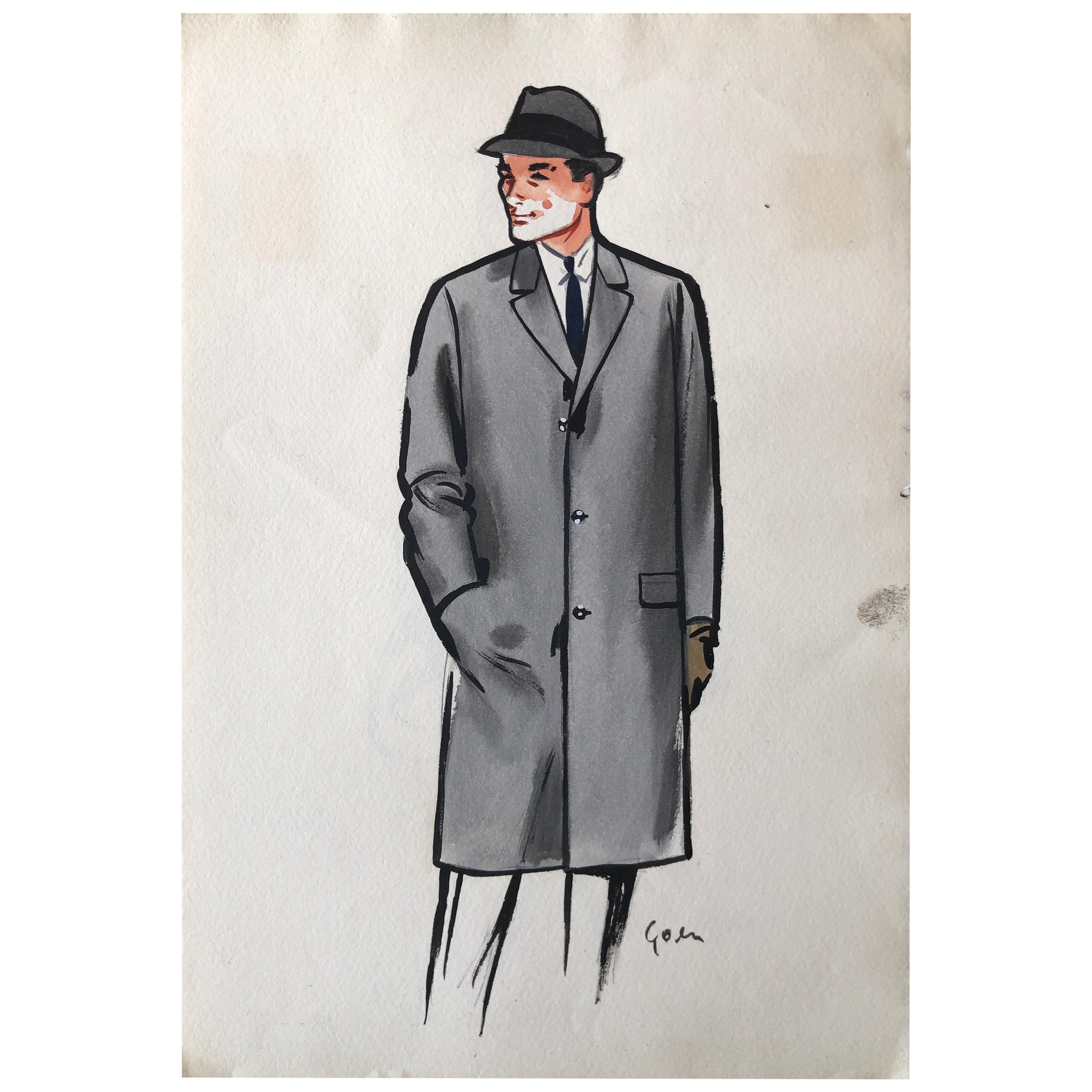 Rene Gruau Original Mens Fashion Illustration Gray Overcoat and Fedora For Sale