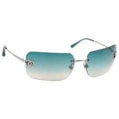 CHANEL Teal Blue Gradient Lens Crystal Rhinestone CC Rimless Sunglasses 4017-D
