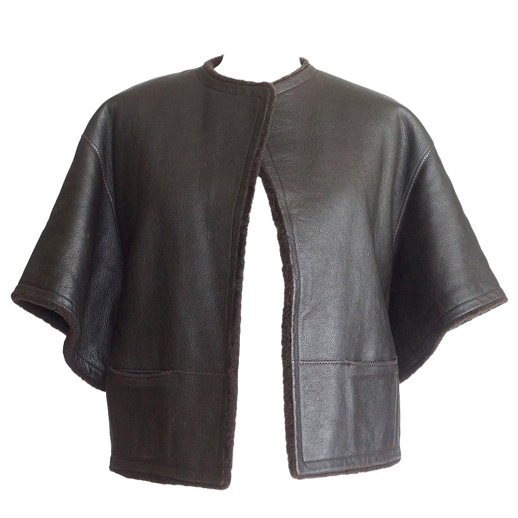 Hermes Shearling Capelet Jacket Dark Brown 3/4 Sleeve 38 / 4 to 6  Striking  For Sale