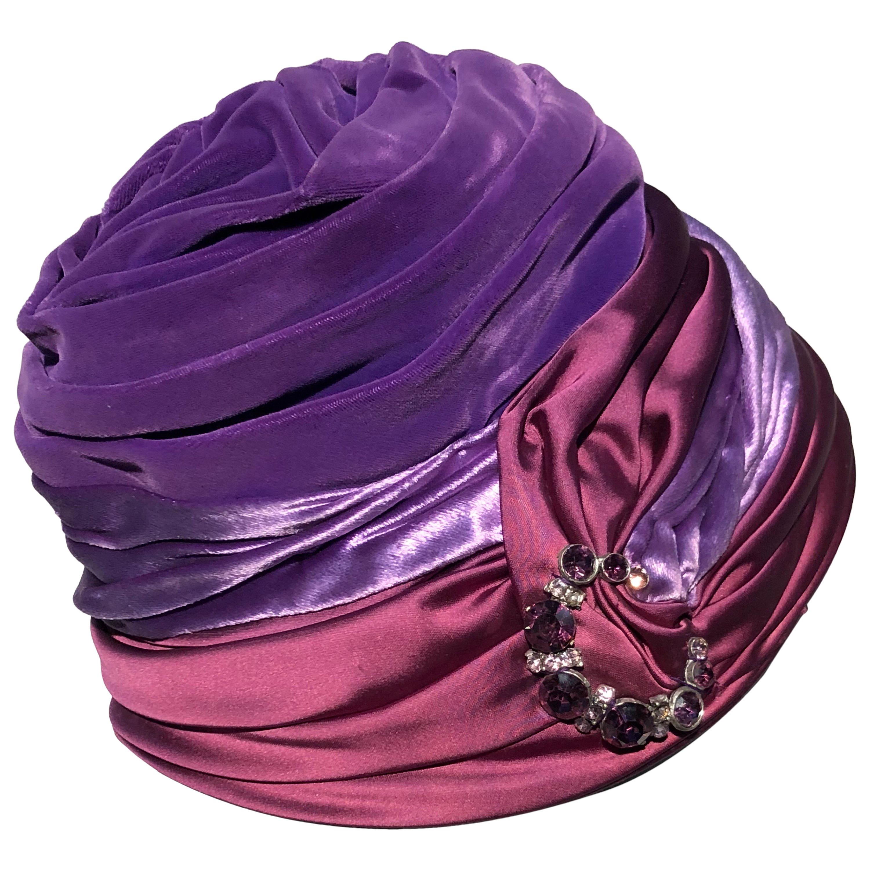 1950s Tri-Color Purple Burgundy and Rhinstone Turban-Styled Evening Hat