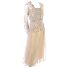 Vintage Tan Jack Bryan 1920s Style Beaded Dress With Sheer Chiffon Jacket