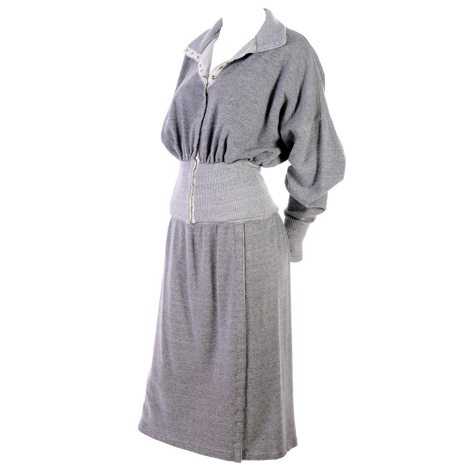 1980s Norma Kamali OMO Gray Fleece Sweatshirt 2 pc Dress w Skirt & Top