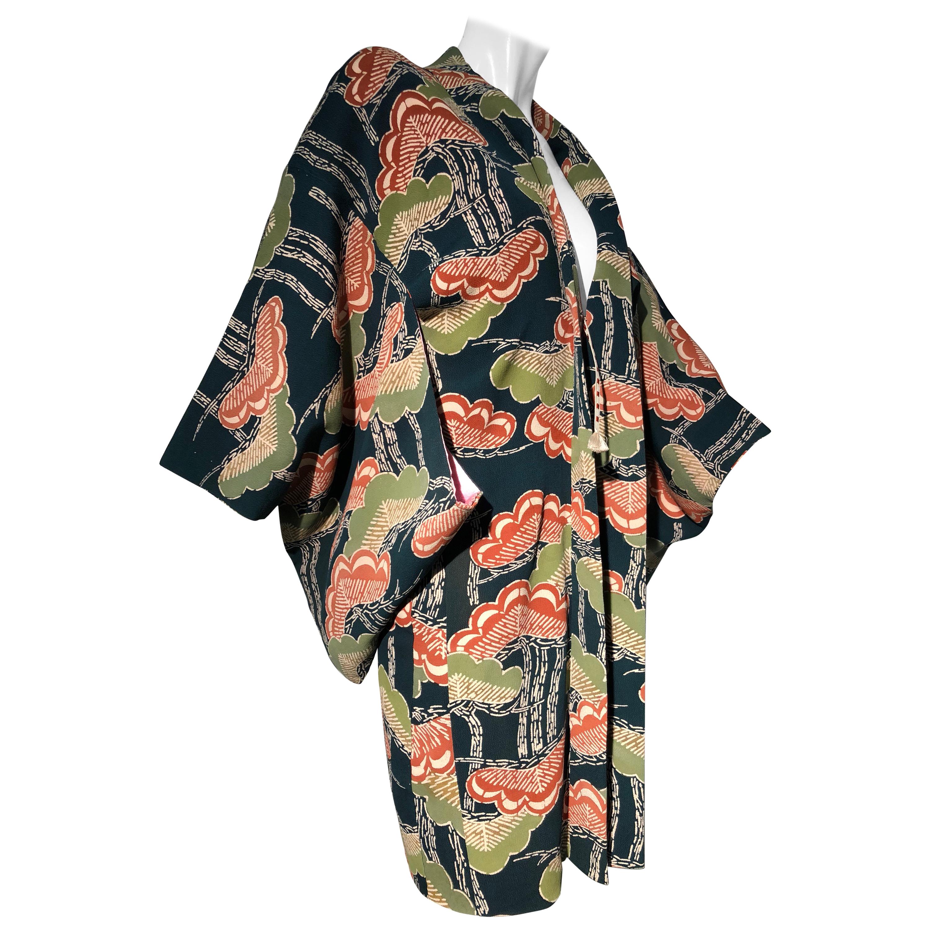 1940s Traditional Silk Kimono in Stylized Ginko Print Of Green Orange & Black For Sale