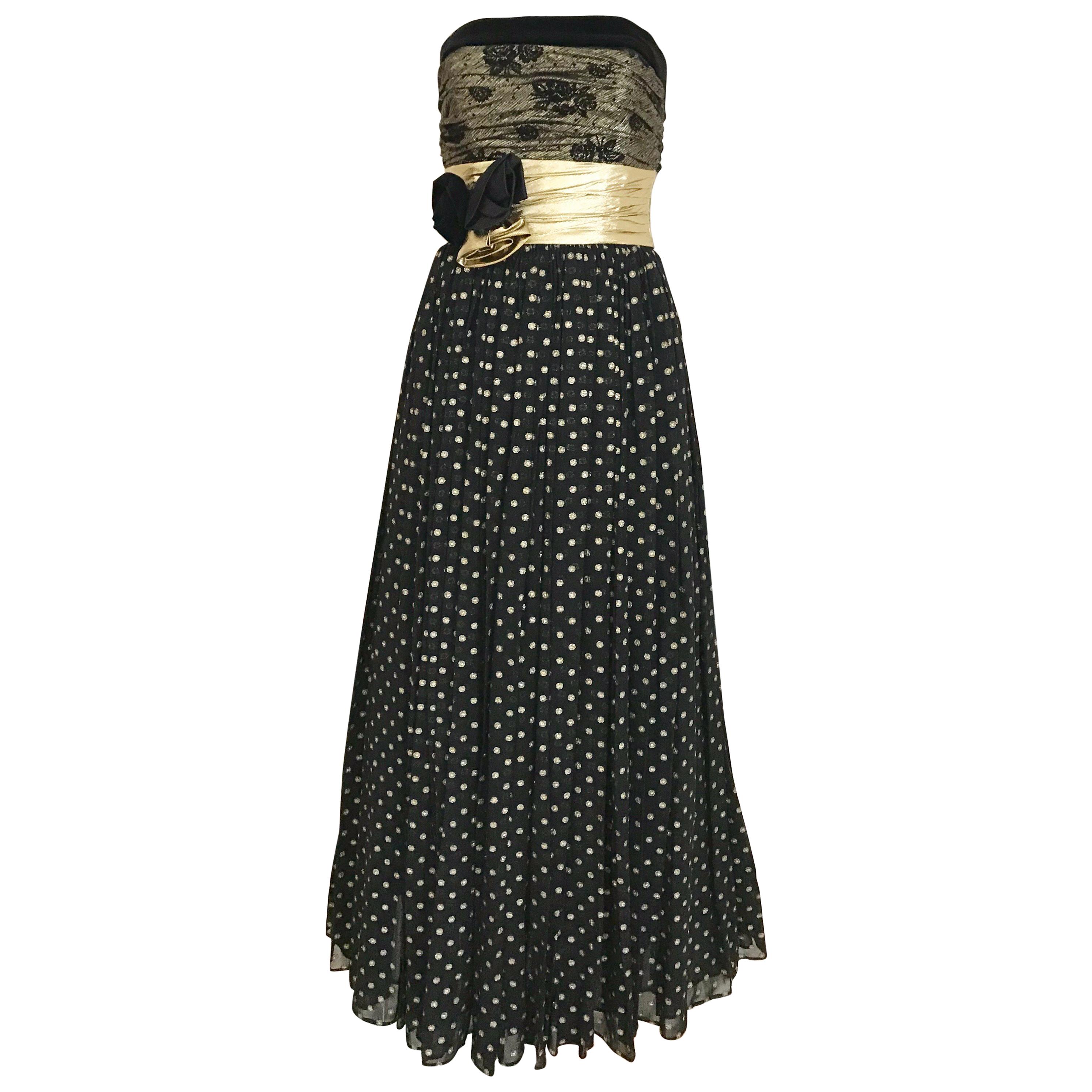 Vintage Escada Black and Gold Strapless Polkadot Lamé Cocktail Dress