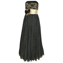 Retro Escada Black and Gold Strapless Polkadot Lamé Cocktail Dress