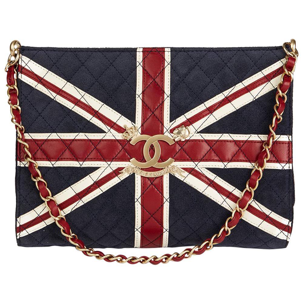 2009 Chanel Navy Suede, Red & White Lambskin Union Jack Shoulder Bag