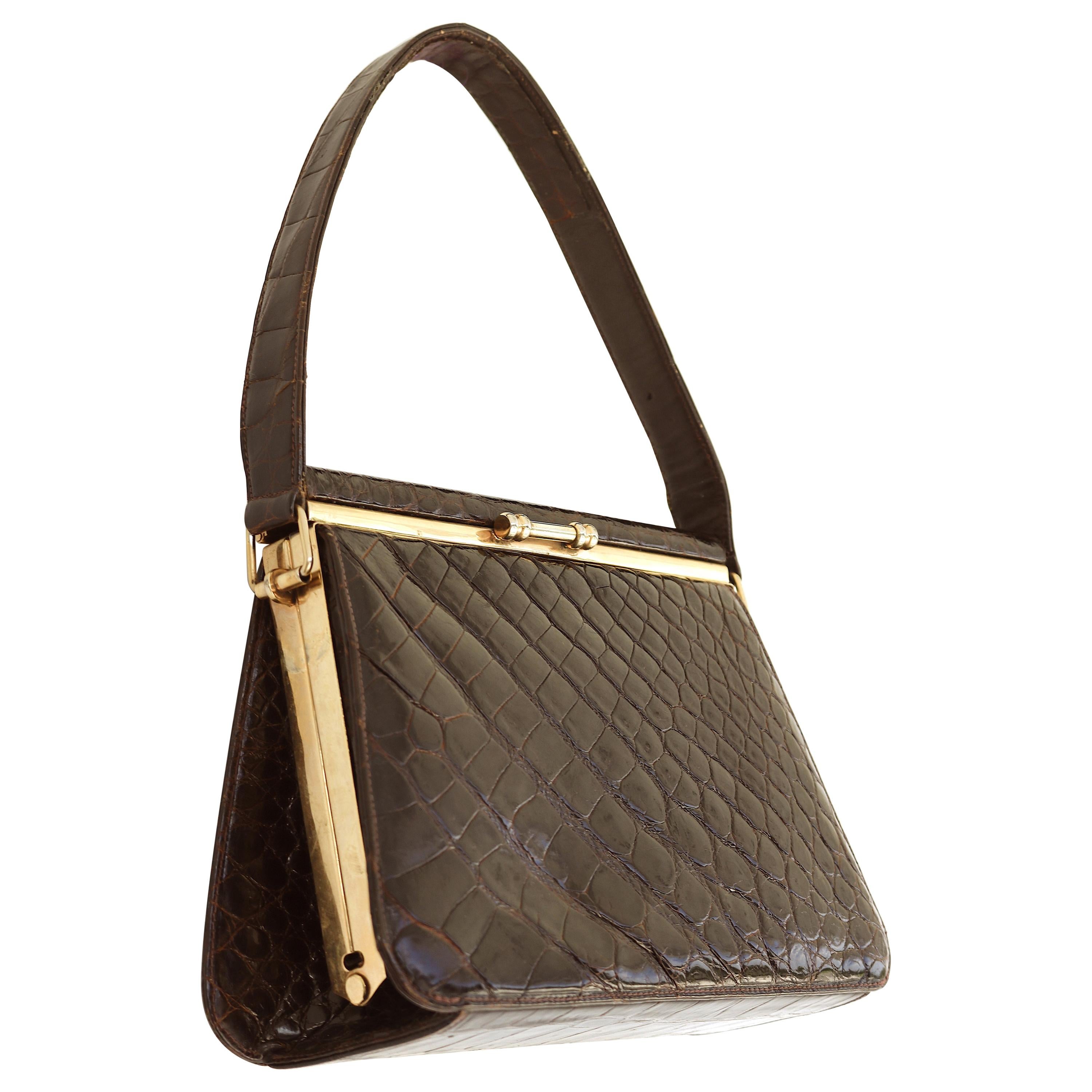 Exquisite Small Flip Top Crocodile Handbag-Gold Plated Frame For Sale