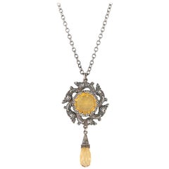 ART NOUVEAU c.1930's Sterling Silver Filigree Topaz Glass Pendant Necklace 