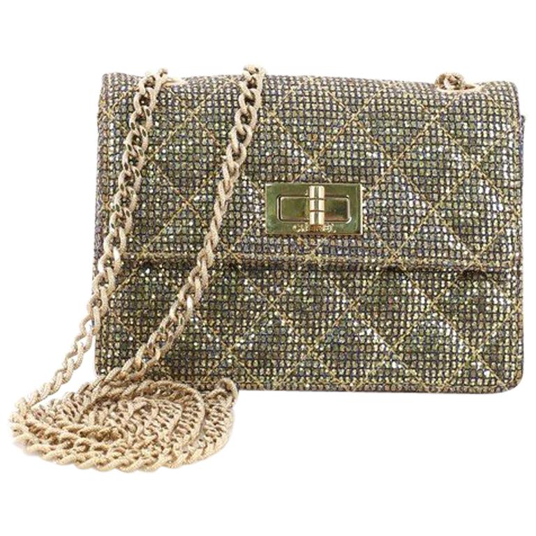Chanel Mademoiselle Lock Crossbody Bag Quilted Glitter Fabric Mini at