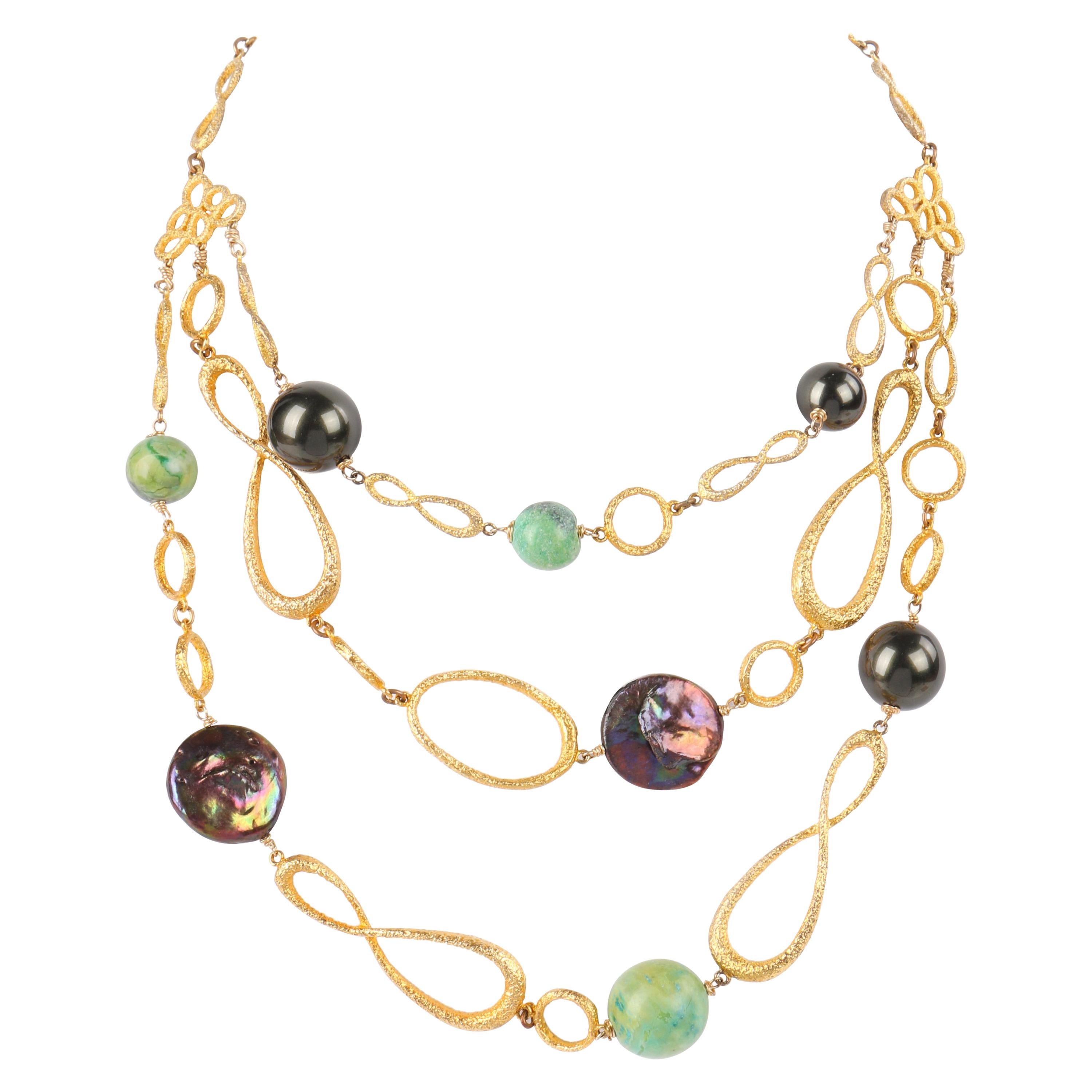 ALEXIS BITTAR Hammered Sterling Silver Gold Pearl Agate Multi Strand Necklace