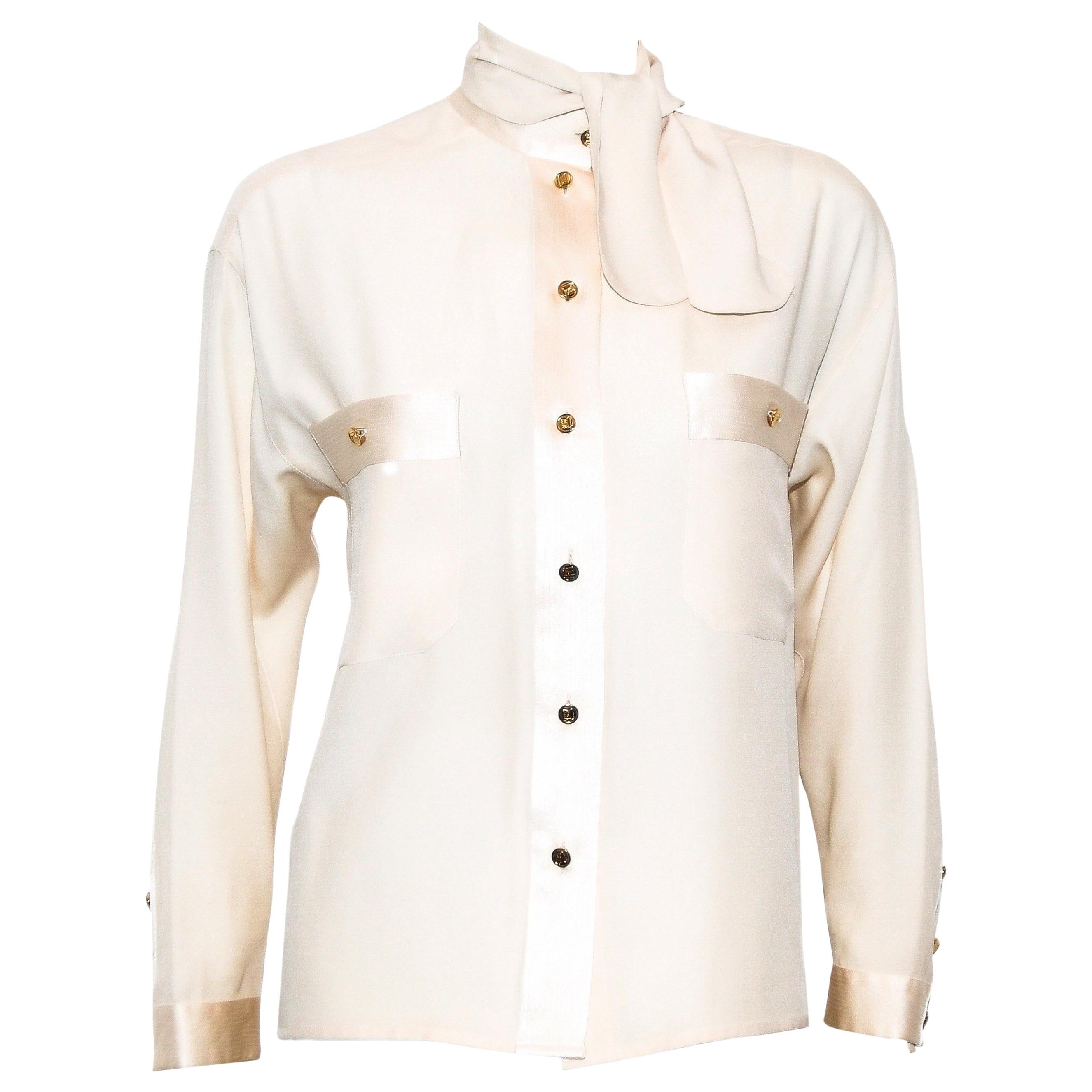 Chanel Long Sleeve Blouse with Mandarin Collar Front Pockets