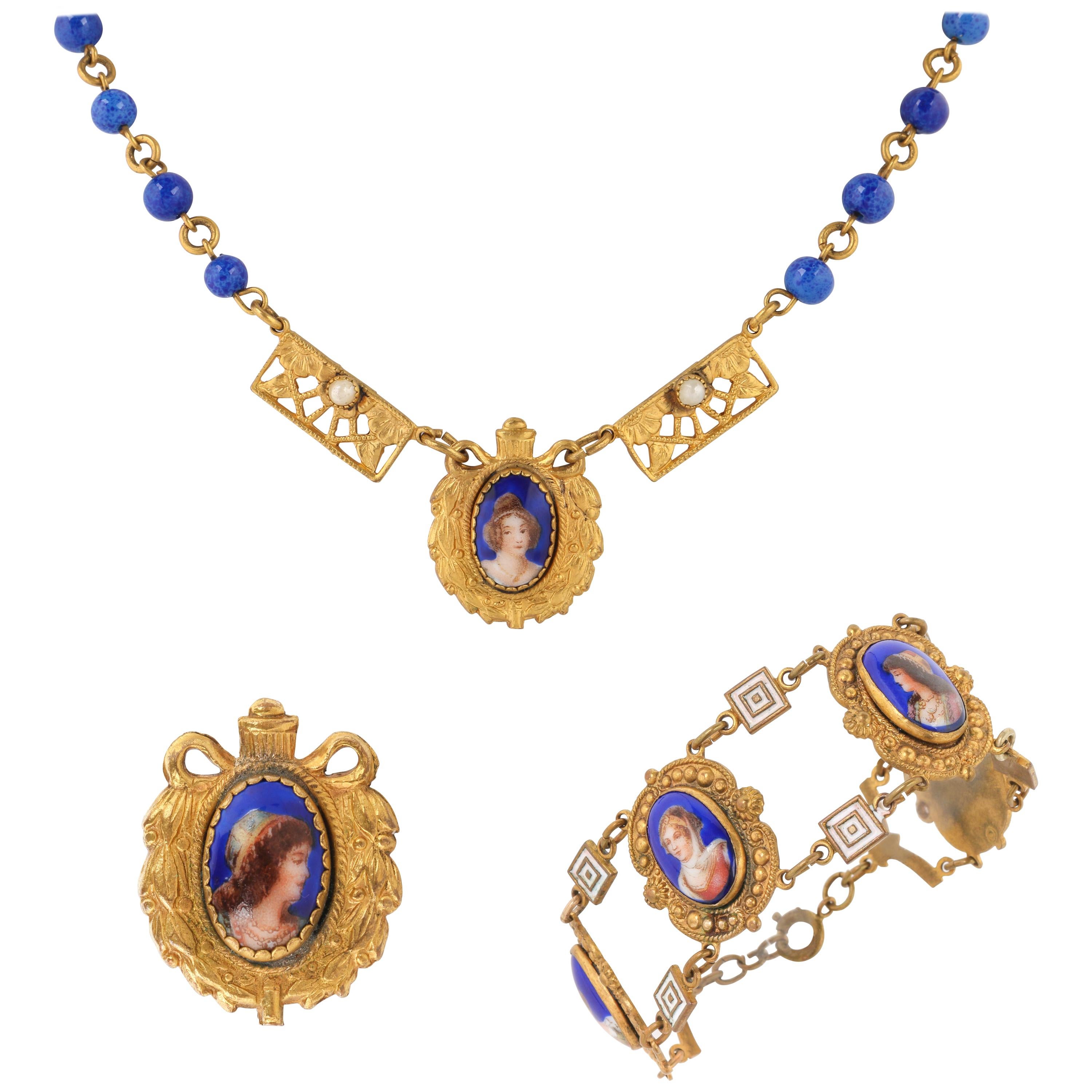 ART NOUVEAU c.1920's Czech Hand Painted Portrait Brass Necklace Bracelet Parure For Sale