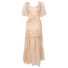 Vintage 1930's Pale Pink Embroidered Floral Lace Applique Chiffon Flutter Sleeve Dress