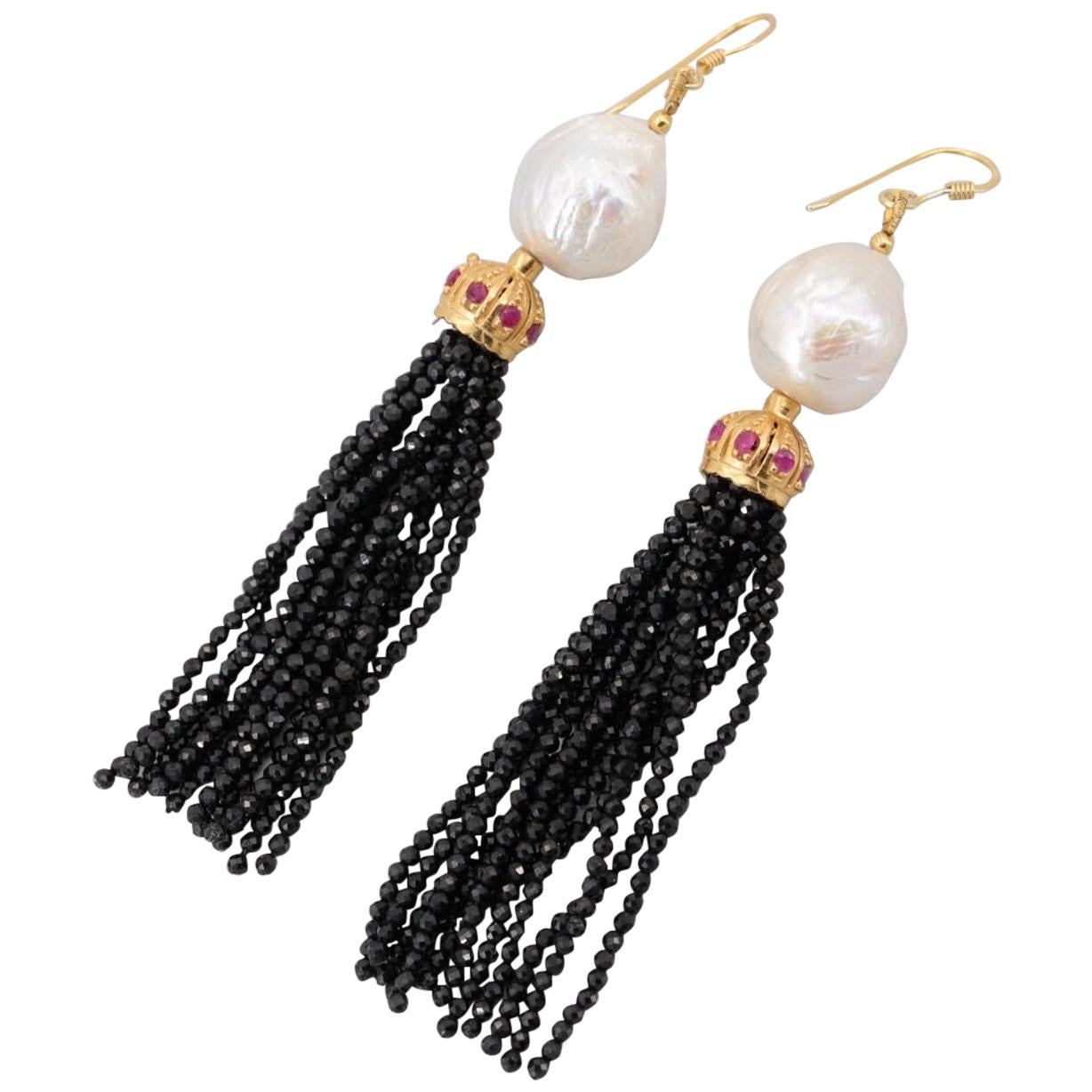 Gold on Sterling Silver Cultured Pearl, Ruby, Onyx Tassel Earrings For Sale