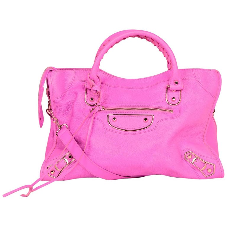 Balenciaga Rose Fluo Pink Chevre Leather Metallic Edge City Motorcycle Tote  Bag For Sale at 1stDibs