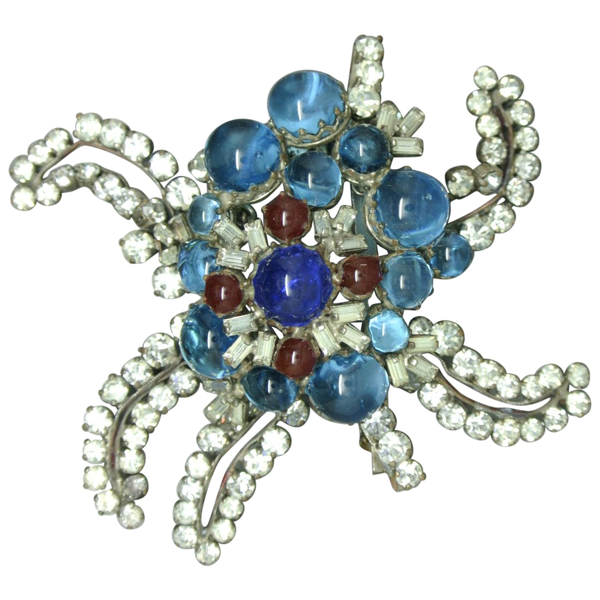 Gripoix signed France Blue red Poured Glass abstract Star Brooch For Sale