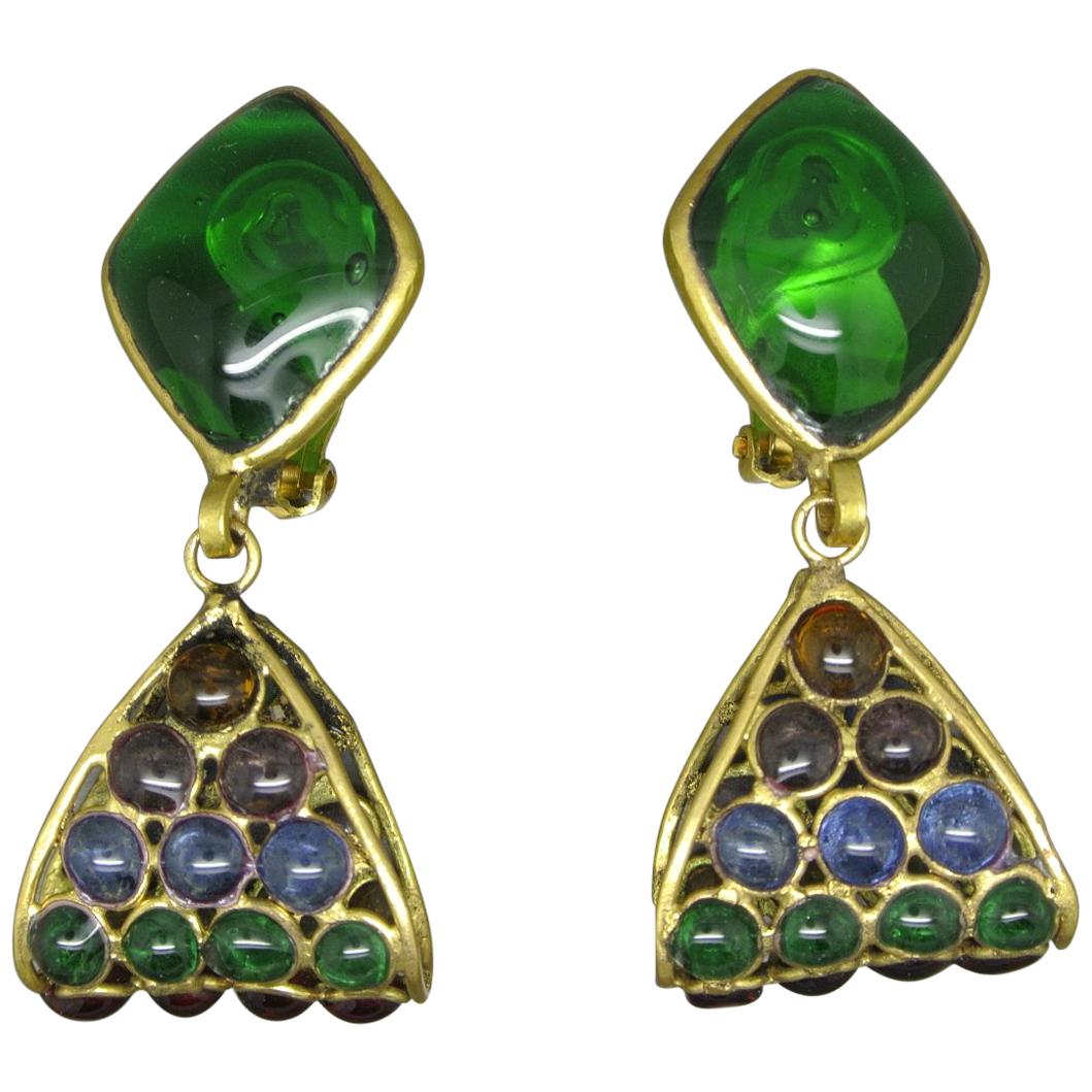 French Gripoix abstract Drop Green Poured Glass Earrings For Sale