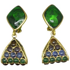 French Gripoix abstract Drop Green Poured Glass Earrings