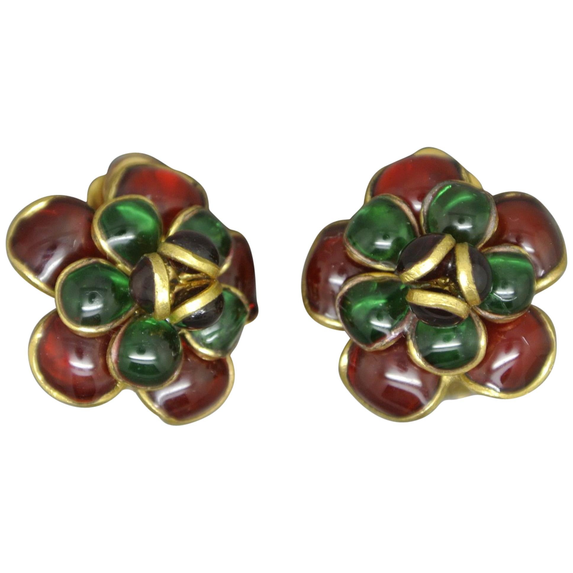 French Gripoix camelia flower Green red Poured Glass Earrings For Sale