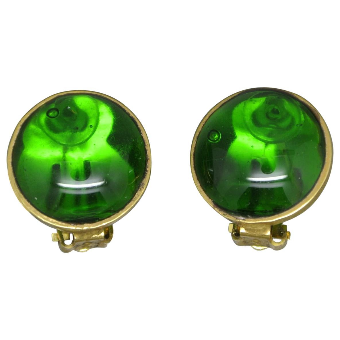 French Gripoix emerald Green Poured Glass Earrings For Sale