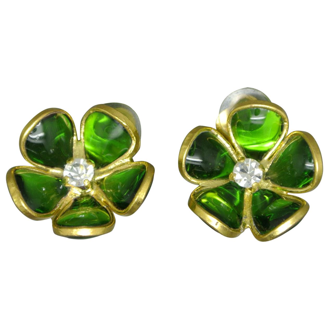 French Gripoix emerald Green flower Poured Glass Earrings For Sale