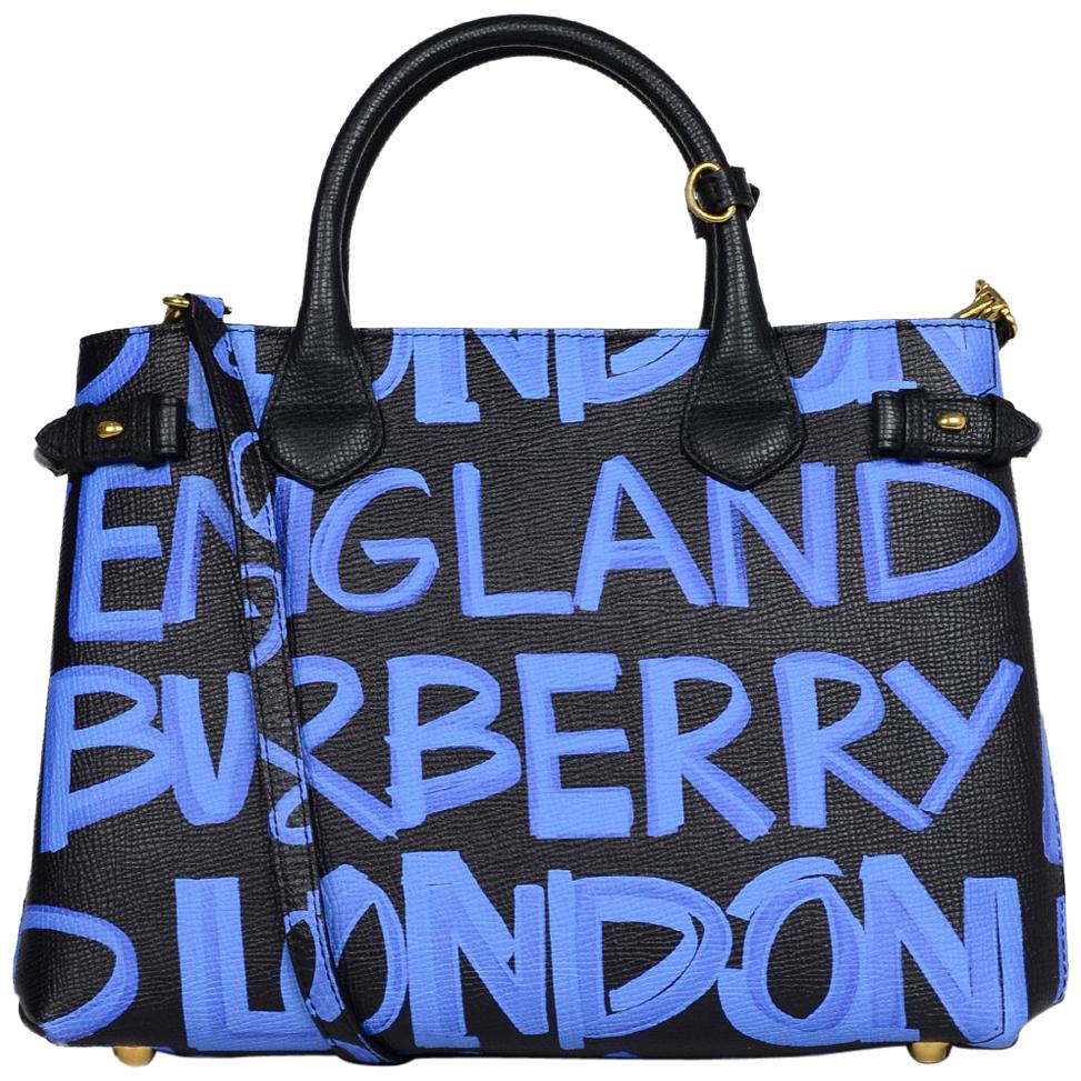 Burberry '18 Black/Blue Grained Calfskin Leather Graffiti Medium Banner Tote Bag