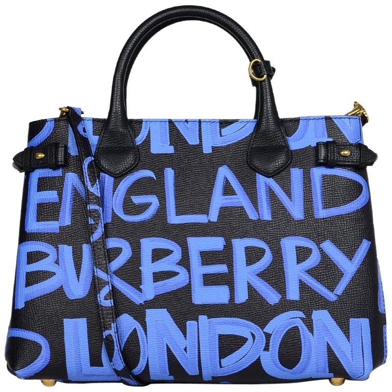 Burberry '18 Black/Blue Grained Calfskin Leather Graffiti Medium Banner
