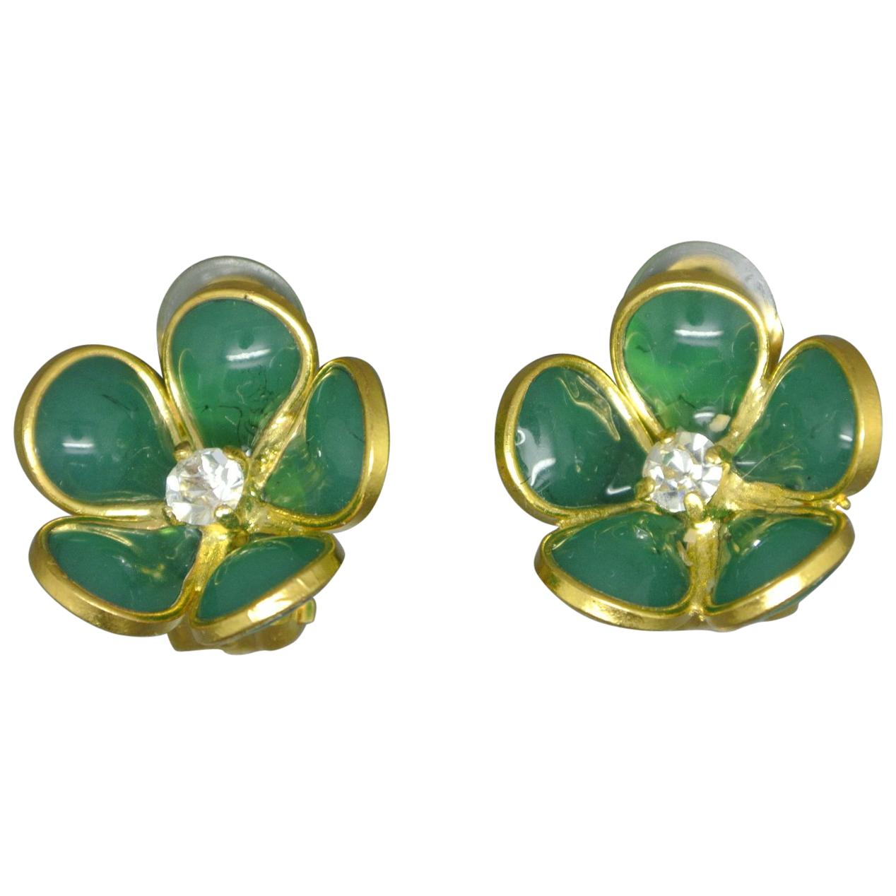 French Gripoix mint Green flower Poured Glass Earrings For Sale