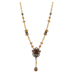 ART NOUVEAU c.1920's Ornamental Brass Amber Czech Glass Beaded Pendant Necklace