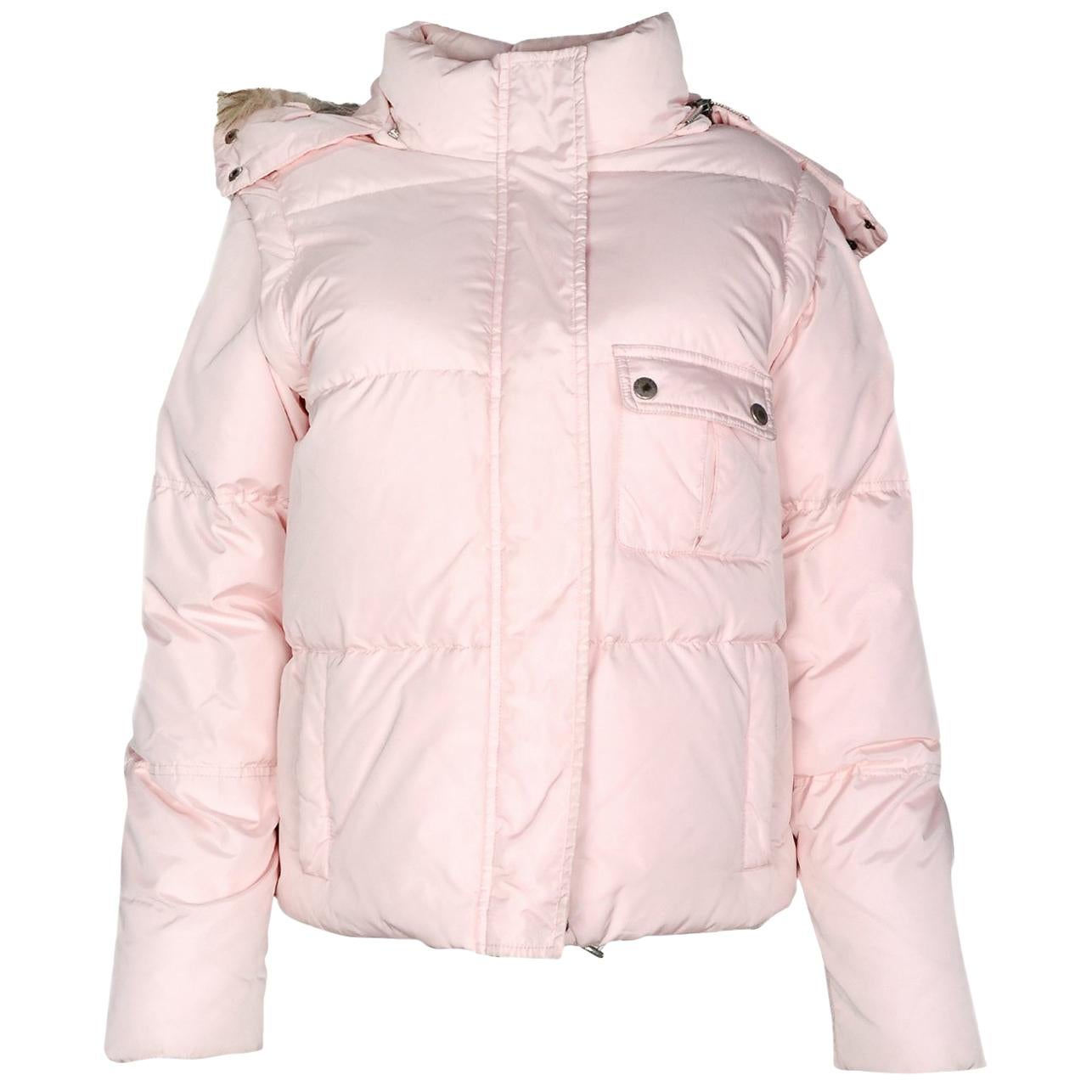 Burberry Light Pink Puffer Coat W/ Removable Fur Trim Hood & Sleeves (Vest) Sz M