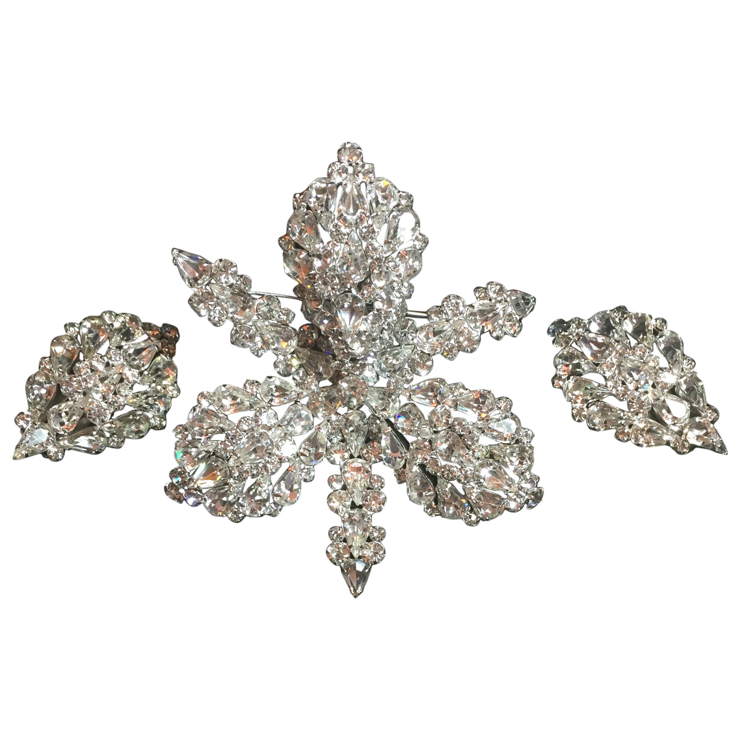 Massive Elsa Schiaparelli Crystal & Rhodium Orchid Brooch & Earrings, 1950s For Sale
